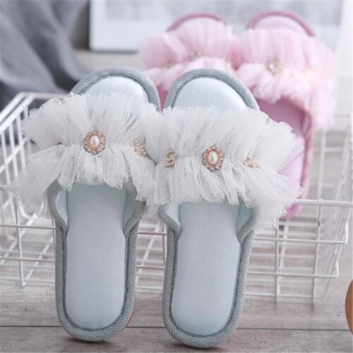 Women Slippers Flat Indoor Shoes Fashion Pearl Slides Black Blue Home Slippers Lace Ladies Shoes Non Slip Summer Women Footwear