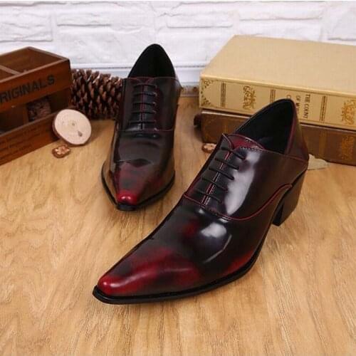 Vintage wine red men dress shoes genuine leather lace-up business wedding male shoes retro man fashion pointed toe high heels