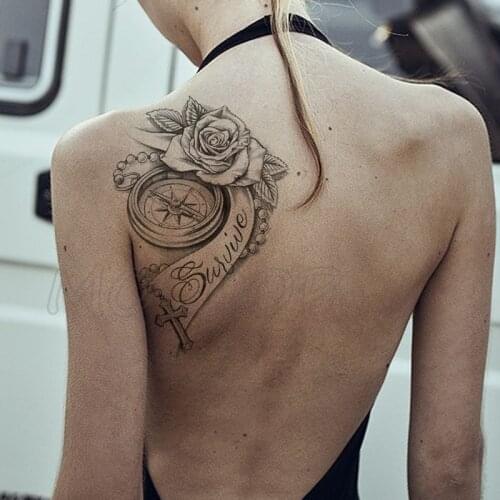 Temporary Tattoo Stickers Sexy Rose Cross Compass Fake Tatto Waterproof Tatoo Back Leg Arm Belly Big Size for Women Men Girl