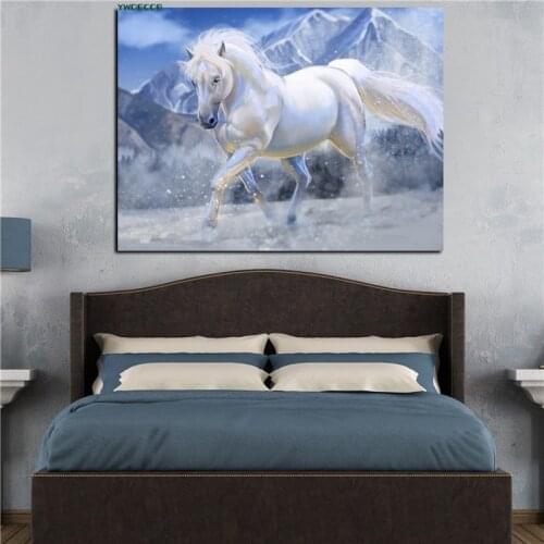 YWDECOR HD Print White Running Horse Oil Painting on Canvas Horse Animal Minimalism Modern Wall Art Picture for Kid Room Decor