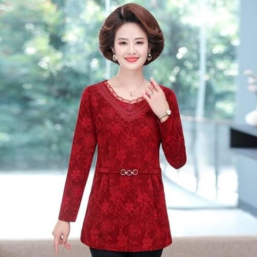 Long Sleeves Lace Tee Tops Women Casual Slim Tshirt 2021 Spring Fall New Middle Age Mother Clothes Plus Size Femme Pullover