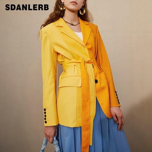 Yellow Coat 2021 Autumn New Patchwork Contrast Color Suit Waist Slim Lace-up Temperament Commute Suit Patchwork Ladies Blazer