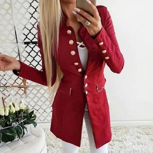New Office Women Long Coat Overall Long Blazer Fashion Single Breasted Winter Slim Jacket Solid Female Red Black Outerwear