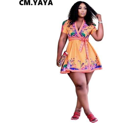 CM.YAYA Women Mini Dress Print Short Sleeve V-neck Bandage Sashes A-line Dresses Fashion Vintage High Streetwear Summer Outfits