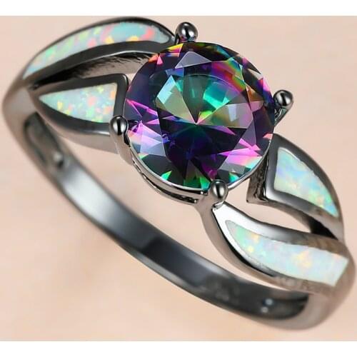 Charm Female White Fire Opal Stone Ring 14KT Black Gold Wedding Rings Vintage Rainbow Round Zircon Engagement Rings For Women