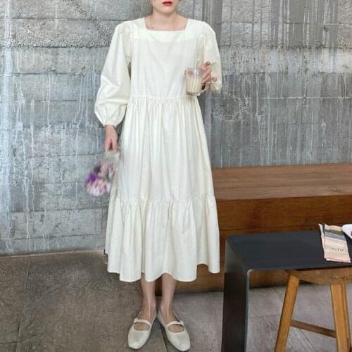 2020 Women Autumn Square Collar High Waist Vintage Long Cake Dress Sashes Full Sleeve A-line Midi Dresses