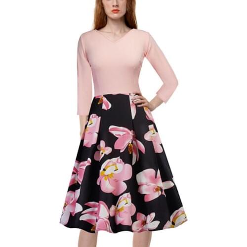 Womens Elegant Vintage Rockabilly Floral Flower Print Pinup V Neck Casual Party Bodycon Sheath Dress with Pockets G26