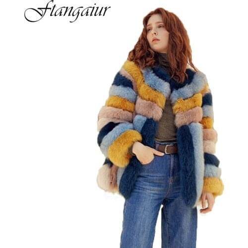 Ftangaiur 2021 Winter Finland Imported Fox Fur Coat O-Neck Contrast Color Women Fox Coats Medium Natural Fur Slim Fox Fur Coats