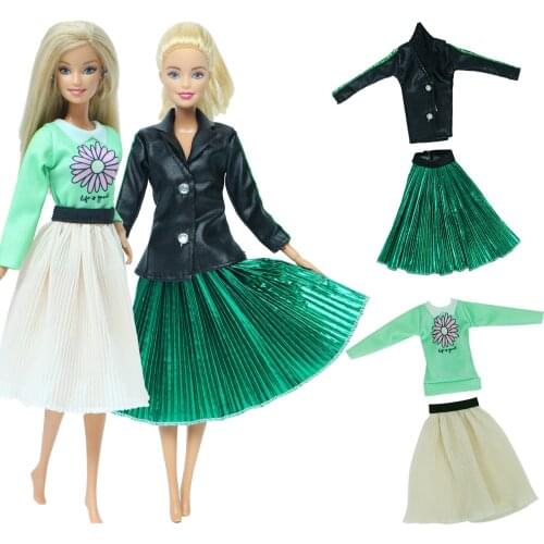 2 Set/Pack Fashion Doll Outfit Green Shiny Pleated Skirt Jacket Coat Daisy Flower Shirt Clothes for Barbie Doll Accessories Toys