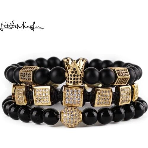 3pcs/set natural stone beads men bracelet set CZ copper square braiding hexagon crown ball charms bracelets & bangles Jewelry