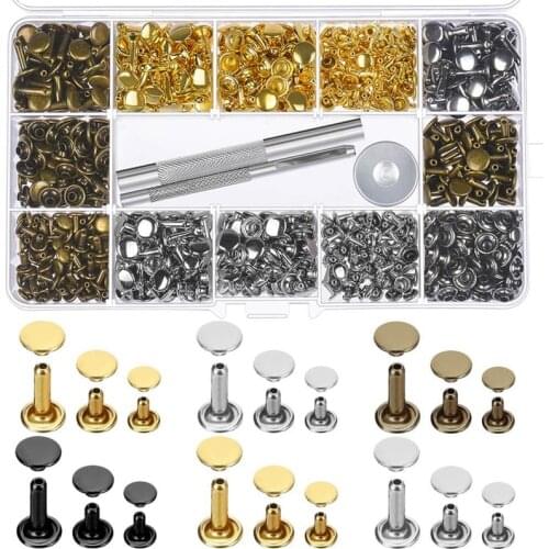 480 Sets 3 Sizes Leather Rivets Double Cap Rivet with 3 Pieces Setting Tool Kit for Leather Craft Repairs Decoration
