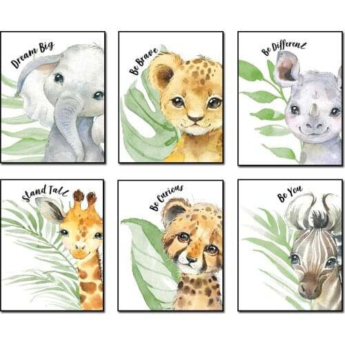 Watercolor Cartoon Animals Poster Canvas Painting Kawaii Tiger Giraffe Elephant Koala for Kids Bedroom Room Home Wall Decor