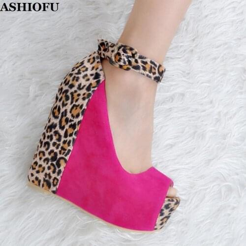 ASHIOFU Handmade Real Photos Womens Wadge Heel Pumps Patchwork Leopard Party Sexy Dress Shoes Peep-toe Evening Fashion Shoes
