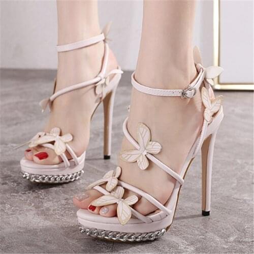 New Design High Quality Women Narrow Band Butterfly 14cm Super High Heels Sandals Exquisite Beautiful Female Banquet Dress Shoes