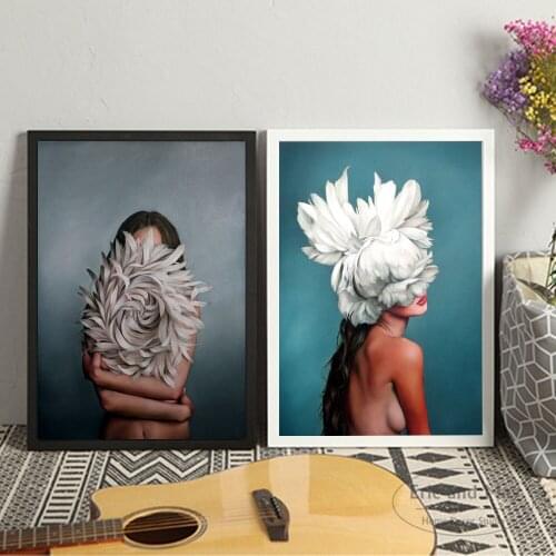 Flowers Feather Women Canvas Art Print Painting Poster Wall Pictures For Living Room Home Decorative Bedroom Decor No Frame