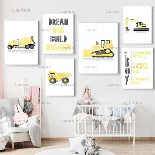 Baby Boy Room Decor Poster In The Nursery Trucks Car Wall Art Canvas Painting Excavator Print Pictures For Children Room
