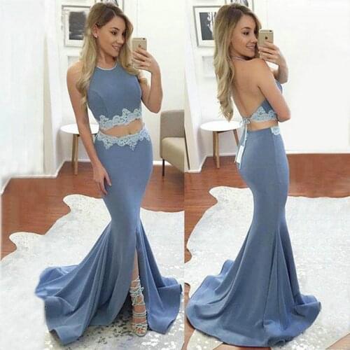 Halter Two Piece Evening Dresses Split Skirt Mermaid Long Formal Party Gown Floor length Appliques Prom Dress With Jacket