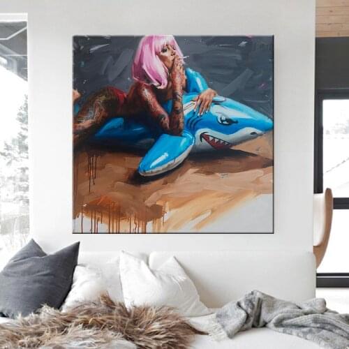 Graffiti Smoking Woman Abstract Painting Canvas Art Shark Toy Poster and Prints Wall Picture for Living Room Home Decoration