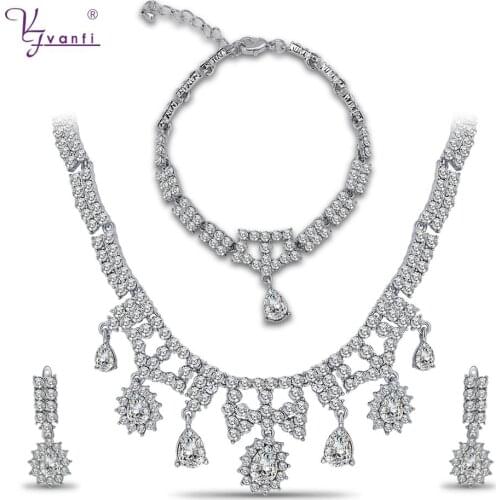 Kfvanfi elegant rhinestones white crystal gold color jewelry set zinc alloy luxurious costume jewelry sets party wedding gifts