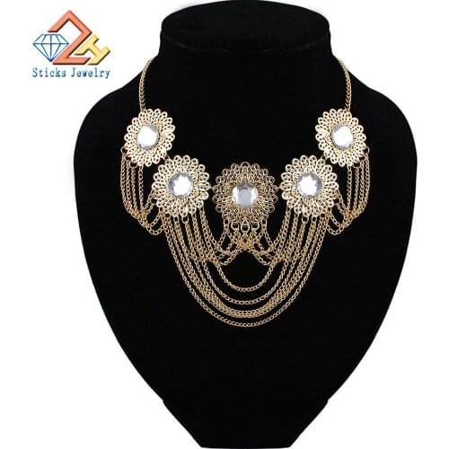 Fashion Choker Necklaces Pendants for Women Crystal Flower GoldPlated Statement Tassel Necklace Mujer Bijoux Accessories