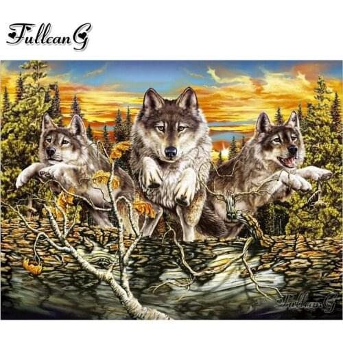 FULLCANG Three wolves autumn 5d diy diamond painting cross stitch animal full square round rhinestone embroidery kits FG0225