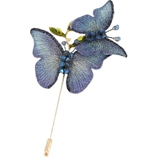 New Embroidered Fabric Butterfly Brooch Cyrstal Long Needle Pin Cardigan Shawl Badge Fashion Jewelry Gifts for Women Accessories