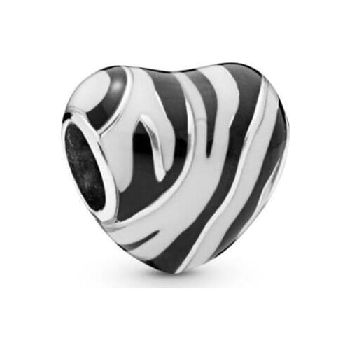 Genuine 925 Sterling Silver Beads New Zebra Print Heart Charm Fit Pan Women Bracelet & Necklace Diy Jewelry
