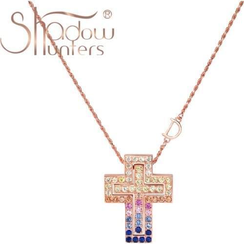 SHADOWHUNTERS Luxury 925 Sterling Silver Gradient Pink Large Cross Necklace D Chain For Women Or Man Gift Cross Pendant Jewelry