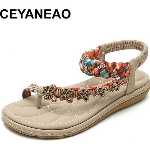 CEYANEAOSummer New Bohemia Sandals Casual Elastic Band Solid Fashion Low (1cm-3cm) Flower Back Strap Wedges Large SizeBreathable