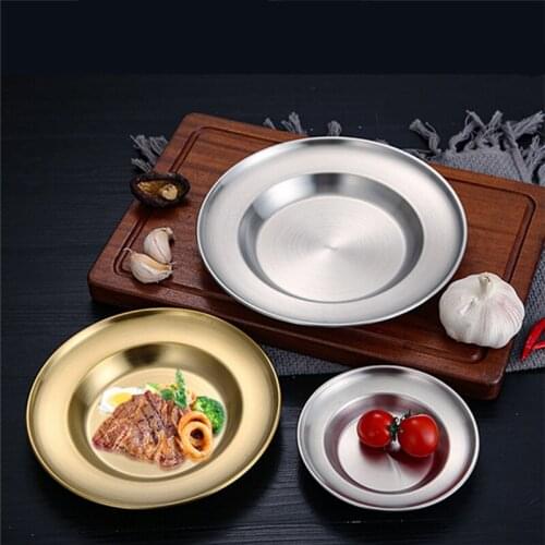 Silver Golden Stainless Steel Dinner Plates Round Thick Dessert Cake Snack Dishes Storage Tray Restaurant Kitchen Utensils