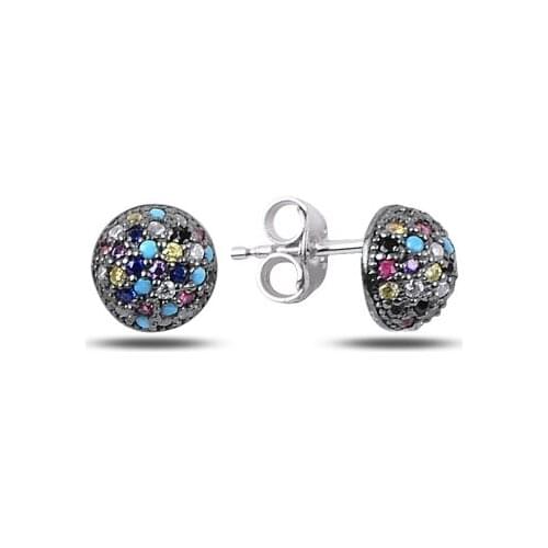 KUTAYDAN Mixed Zircon Stone 7mm Half Ball Earrings 925 Sterling Silver