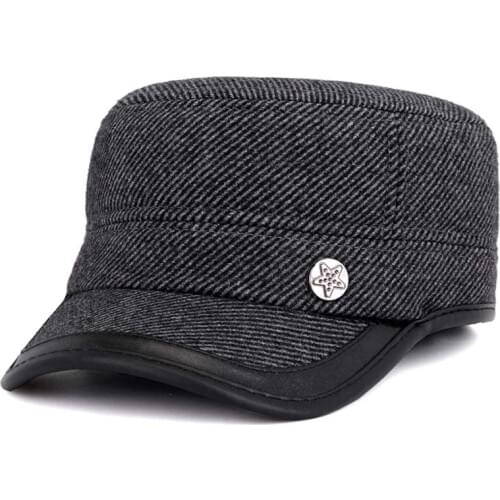 Winter flat top military baseball cap striped woolen dad hat mens warm windproof ear flap hat grey brown black