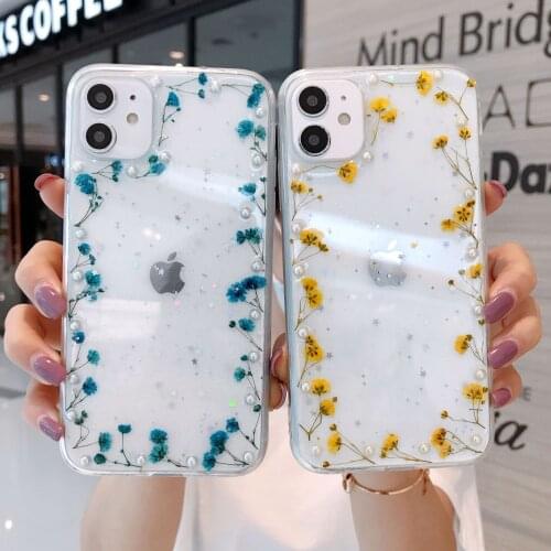 Pearl Dried Real Flower Handmade Clear Pressed Phone Case For iPhone 12 11 Pro Max X XS Max XR 7 8 Plus SE 2 Soft Cover Fundas