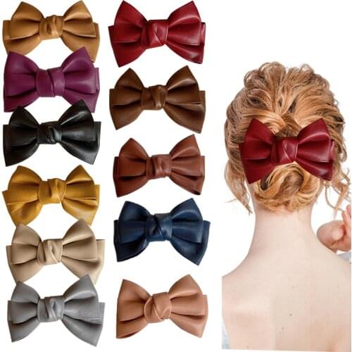 New Fashion PU Leather Solid Color Bow Hairpin Duckbill Clips Hairclips Girls Hair Accessories for Women заколка для воло 2021