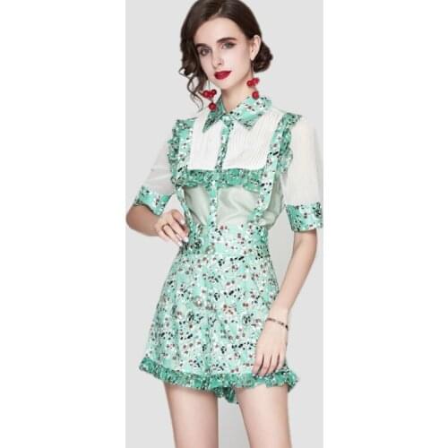 2021 Summer Fashion Runway Shorts Suit Womens Floral Turn Down Collar Ruffles Blouse Shirt + Overalls Shorts Two Pieces Set