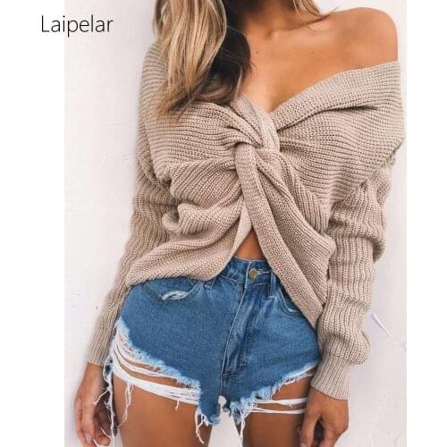 Laipelar Retro 4 colors V Neck Twisted Back Sweater Women Jumpers Autumn Pullovers Casual Tops Long Sleeve Knitted Sweaters pull