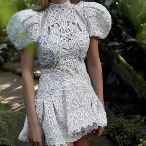 Fashion Runway Self Portrait Summer Dress 2021 Women Sexy Hollow Out Flower Embroidery Puff Sleeve Ruffles Vestido Elegant Mini