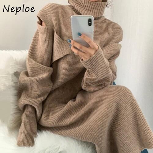 Neploe Chic Knitting Turtleneck Pullover Dress Woman Loose Detachable Sleeve Design Female Robe Temperament Autumn New Vestidos