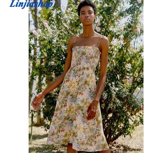 Vintage Floral Print Sexy Sling Dress Sweet Ladies Holiday Party Dress Women Sleeveless Summer Chiffon Vestido Midi Robe