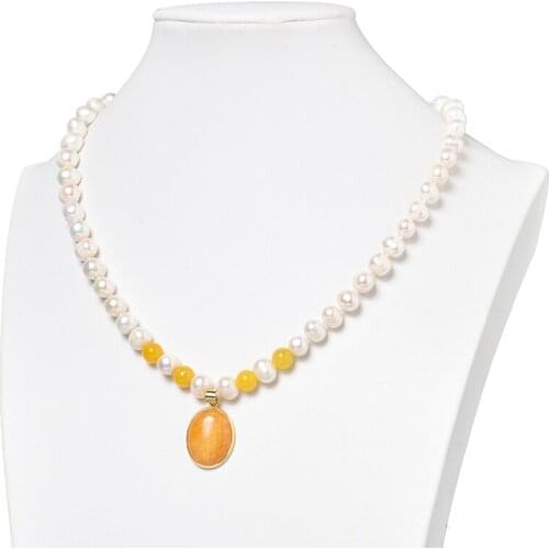 White 8-9mm Natural Pearls and Round Orange Beads with Oval Shape 18*23*6mm Pendant Making Diy Pearls Necklace 18inch gem H509