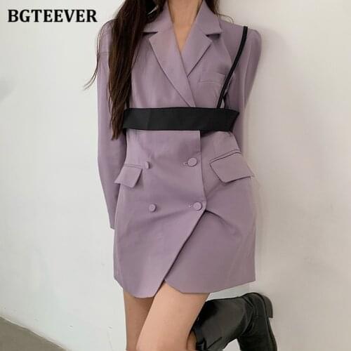BGTEEVER Chic Stylish Double Breasted Women Purple Suit Jackets Casual Full Sleeve Female Solid Blazer 2021 Spring Outwear Femme
