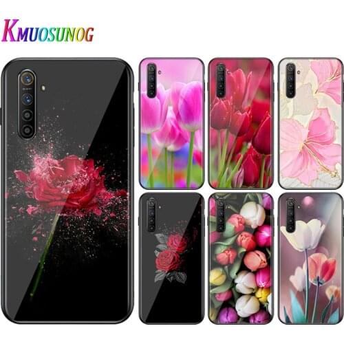 For OPPO A5 A9 2020 F7 Phone Cover Shell Rose flower tulip lily for OPPO Reno 2 Z 2Z 2F 3 4 Pro 5G Bright Black Phone Case