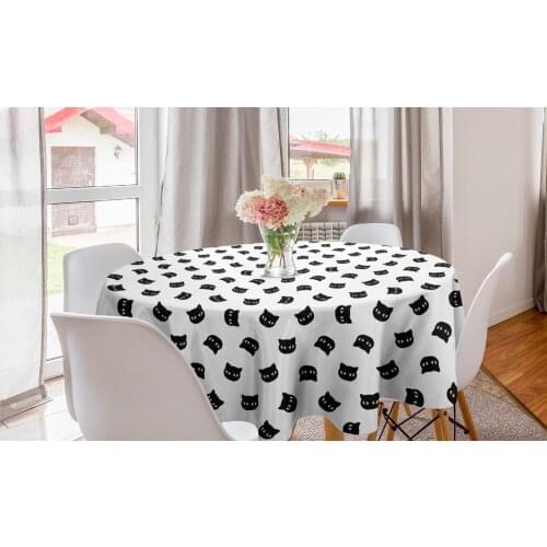Black and White Round TableclothMonochrome Cat Faces Sketch Circle Table Cloth Cover for Dining Room Kitchen Decor & Party