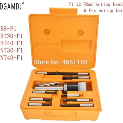 Tool holder 1PCS R8-F1 C20-F1 C25-F1 BT30-F1 BT40-F1 NT30-F1 NT40-F1 + F1-50 mm + 9pcs 12 mm CNC boring bar Boring head set