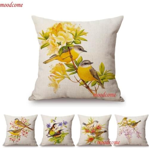 Rain Forest Birds With Flower Floral Plant Vintage Home Decoration Style Sofa Throw Pillow Cover Cotton Linen Chair Cushion Case