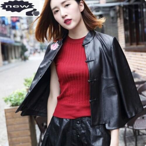 Flok Style Motorcyle Biker Retro Womens Sheepskin Genuine Leather Short Jackets Floral Flower Female Coats Chaqueta De Cuero