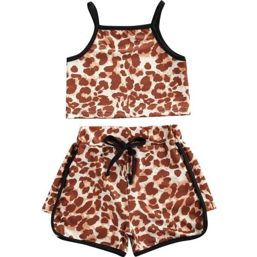 Girls Leopard Print Sleeveless Spaghetti Strap Short Tops+ Short Pants for Summer