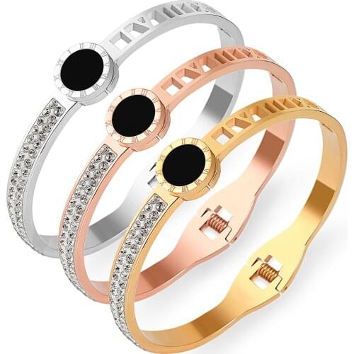 Shell Roman Numeral Bracelet Stainless Steel Black Rhinestone Bangles & Bracelets for Women Brand Jewelry Couple