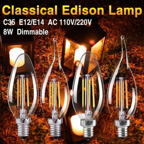 Tsleen C35 Retro Dimmable E14 Candle Lamp 8W Edison Bulbs Filament LED Light 220V Chandelier Lamps Replacement Bedroom Light