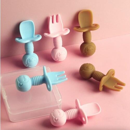 2Pcs/Set Kids Training Spoons Cartoon Bear Children Tableware Soft Heat-Resistant Spoon Fork Set Infant Feeding Short Handle